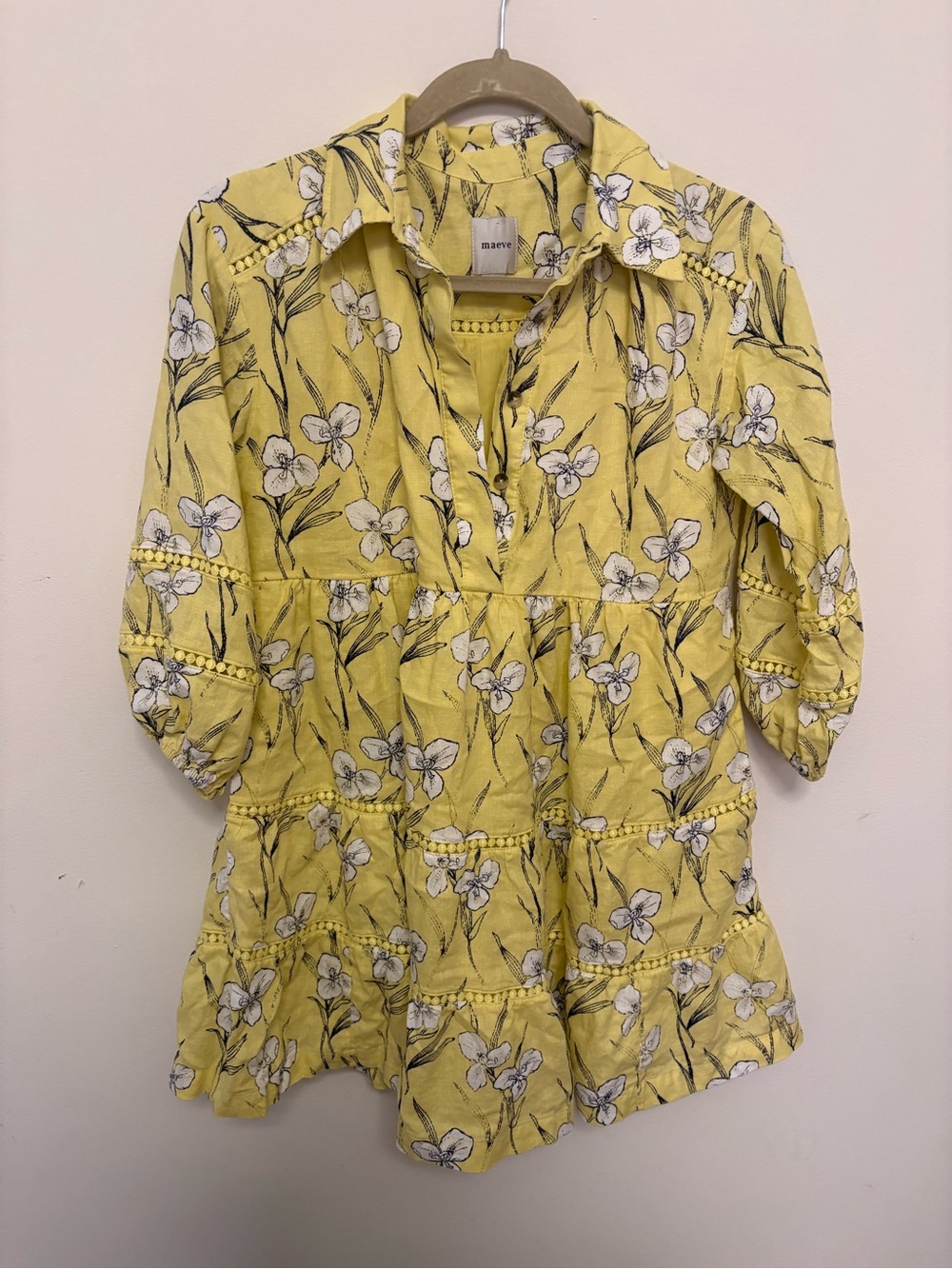 Maeve Anthropologie Yellow Botanical Print Tiered Dress XXS Petite coquette